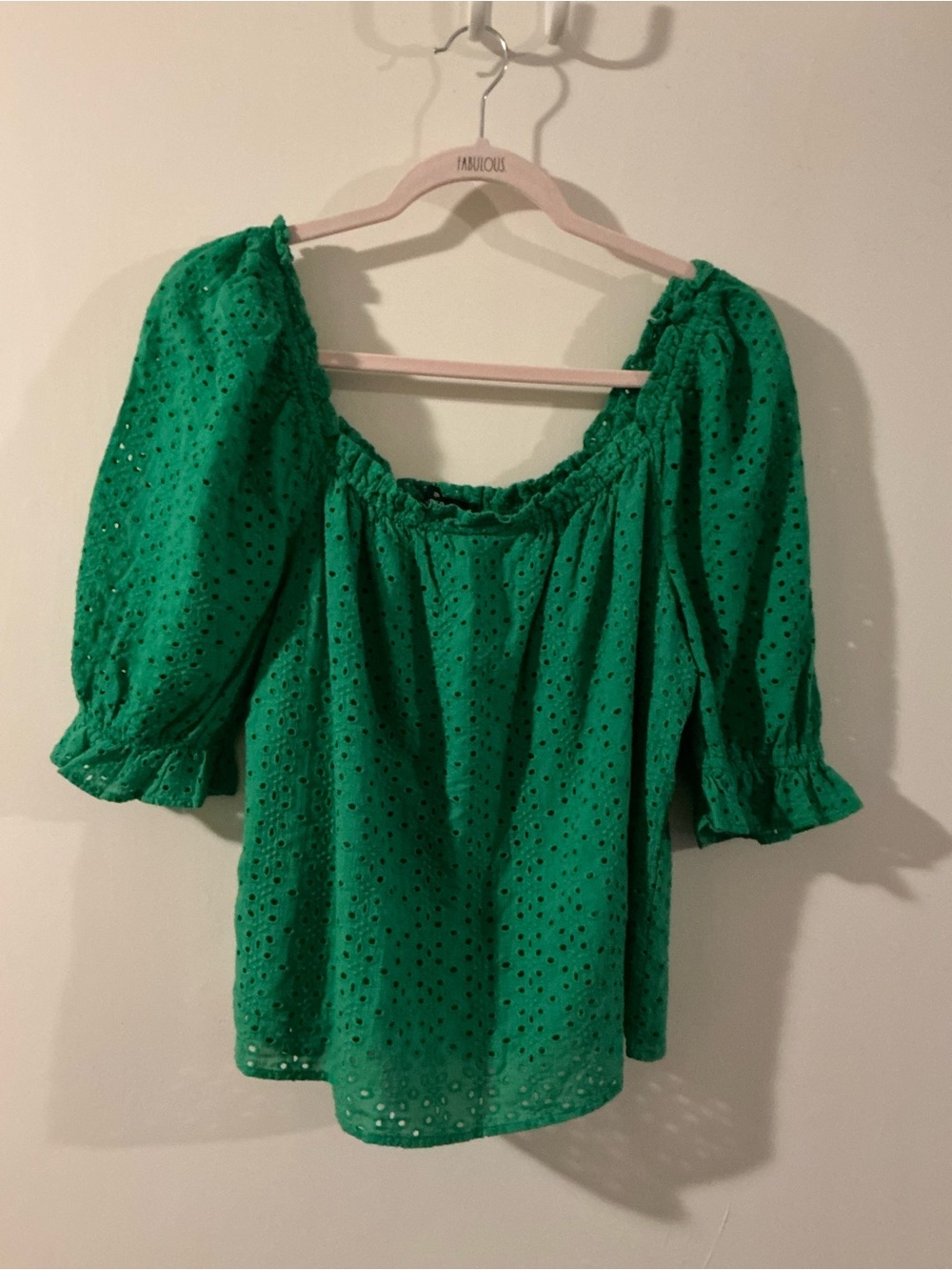Pomander Place Emerald Eyelet Puff-Sleeve Blouse